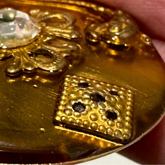 Vintage Patti Horn Gold Tone Round Clip On Earrings Signed Center Rhinestone - Picture 9 of 11